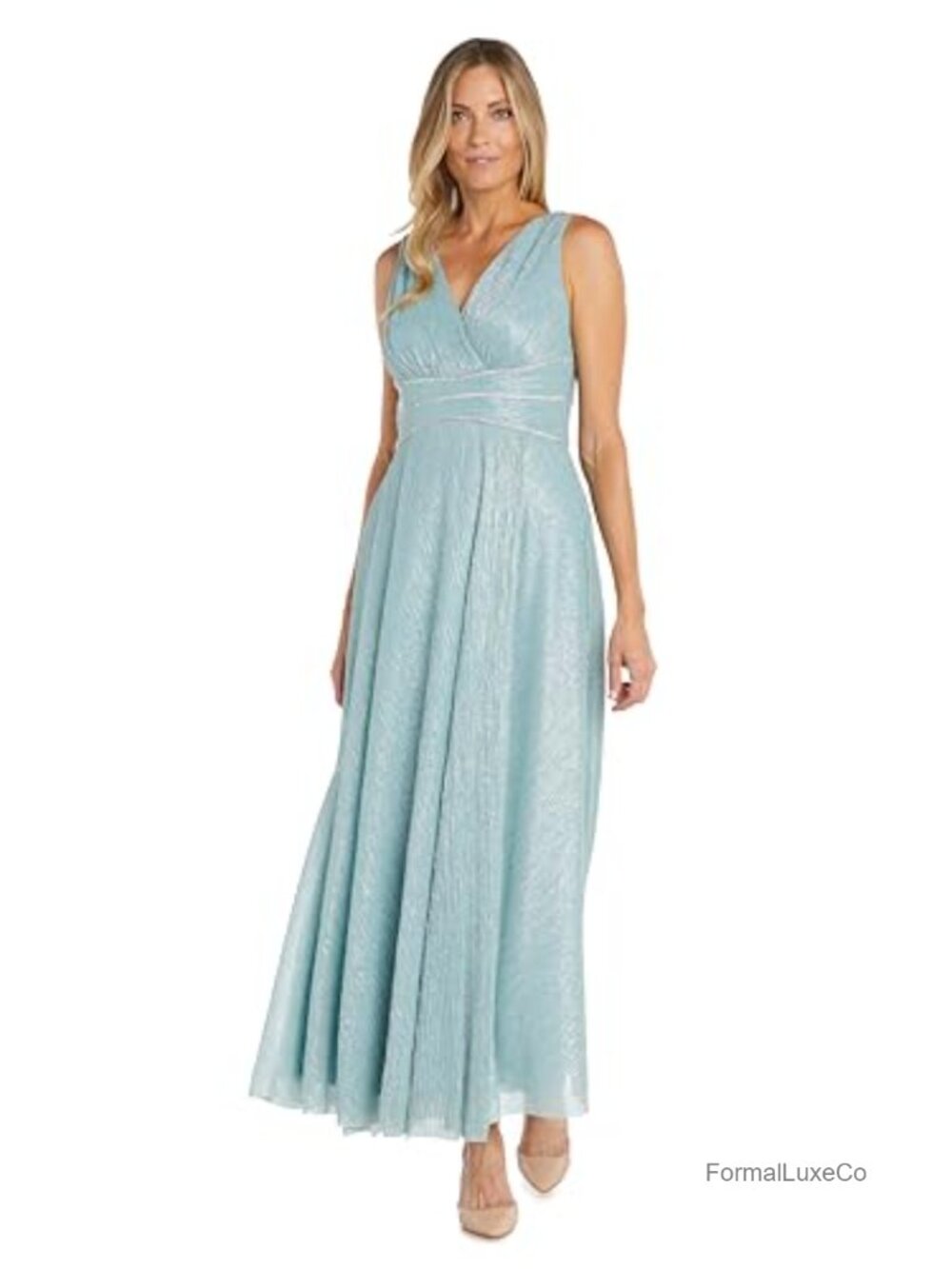 Rhinestone Trimmed Sleeveless Wrap Dress with Pleated Skirt